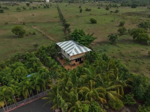 an aerial view of a house in a field with palm trees at KP Farms in Alūr