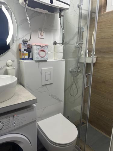 a bathroom with a shower and a toilet and a sink at AK mini studio u centru in Tivat