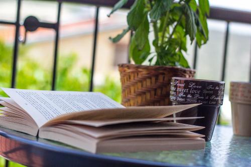 an open book on a table with a cup and a plant at Omodos Village Houses in Omodos