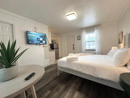 une chambre avec un lit et une télévision sur un mur dans l'établissement 1q Bed Studio Apt With Shared Pool 09, à Clearwater