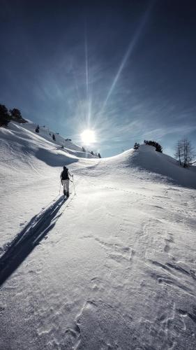 a person is skiing down a snow covered slope at Imhof Alpine B&B Apartments in Bettmeralp