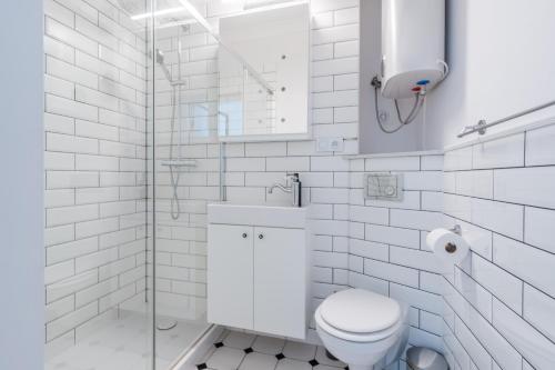 a white bathroom with a toilet and a shower at Holy Spirit Street Apartments in Gdańsk