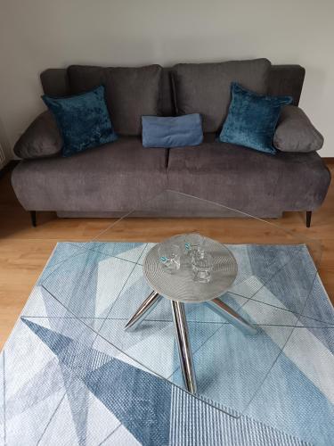 a living room with a couch and a table at Apartament Kwiatowa in Puławy