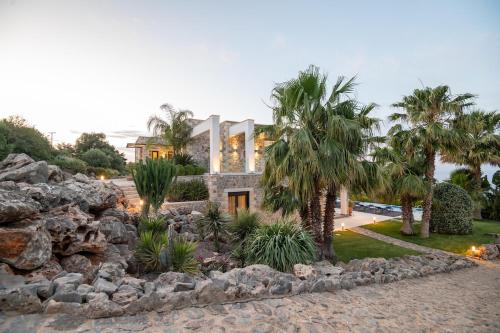 a house with palm trees and a rock garden at BlueSkyline Owner's Listing, By Hellocrete in Chania Town