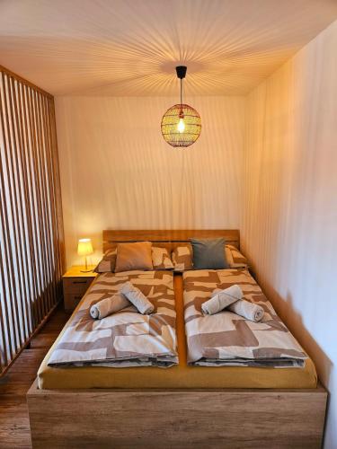 a bedroom with two beds and a chandelier at Modern apartment in the center of Martin in Martin