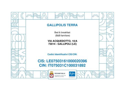 Majutusasutuses BB Gallipolis Terra olev sertifikaat, autasu, silt või muu dokument