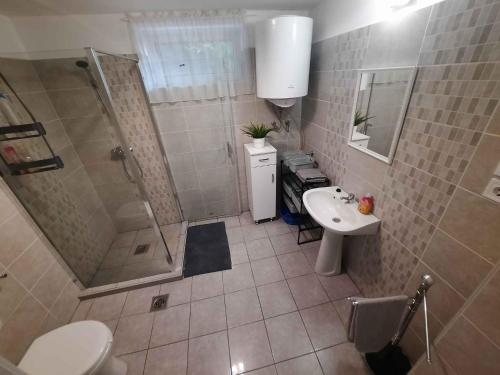 łazienka z prysznicem, toaletą i umywalką w obiekcie Holiday home in Balatongyörök 42694 w mieście Balatongyörök