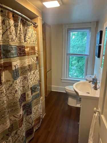 a bathroom with a toilet and a sink and a shower at Charming Brick House in Little Chute