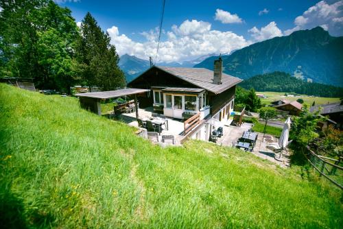 a house on the side of a grassy hill at Studio loft avec sauna in Leysin