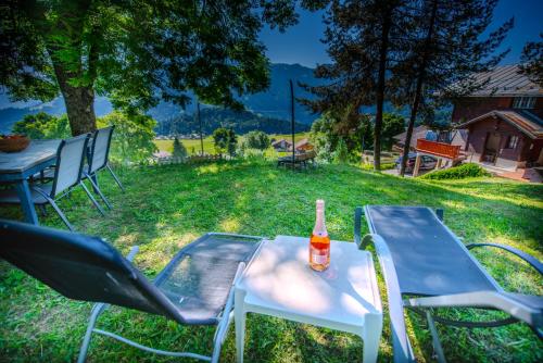 a bottle of beer sitting on a table in the grass at Studio avec sauna - 300m des pistes in Leysin