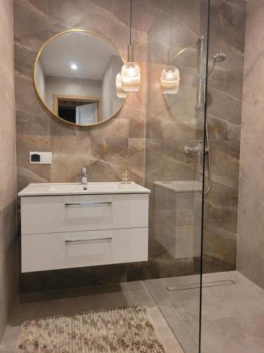 Un baño con lavabo y ducha con espejo. en Willa Cynamon Garden, en Busko-Zdrój