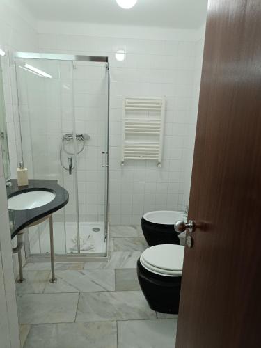 a bathroom with a shower and a toilet and a sink at Quinta do Pontido in Vieira do Minho