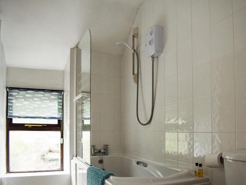 a bathroom with a shower and a bath tub at Cae'r Elen in Dolwyddelan