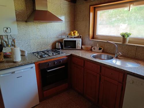 a kitchen with a sink and a stove and a microwave at Quinta do Pontido in Vieira do Minho