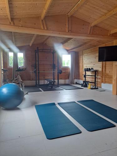 a gym with mats on the floor in a room at Villa Alegria - A Private, Cozy Retreat in Nature in Lagos
