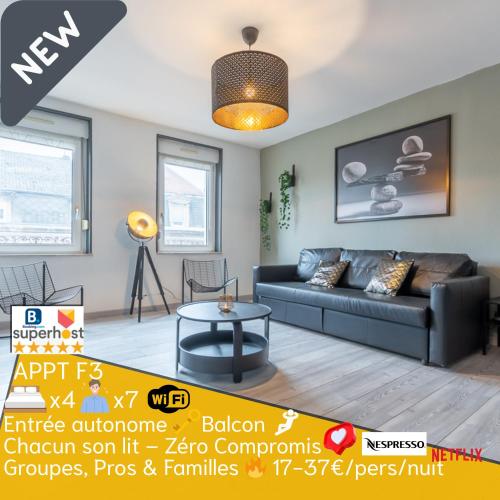 a living room with a couch and a table at CATTENOM NEW NOVÝ NOWY НОВИЙ - 3 min Parking, Wi-Fi, Nespresso - Repos assuré, calme & confort - Rest guaranteed, quiet & comfy in Hayange