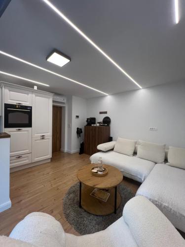 a living room with a couch and a table at Kolodvor 1870 - Old Town Apartment Kranj in Kranj