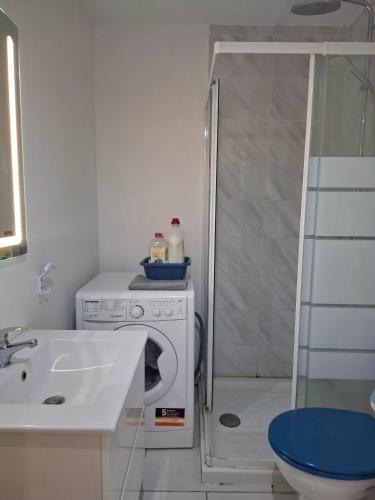 une salle de bain avec un lavabo et une machine à laver dans l'établissement Appartement 3 pièces piscine proche plage et Cannes, à Cannes
