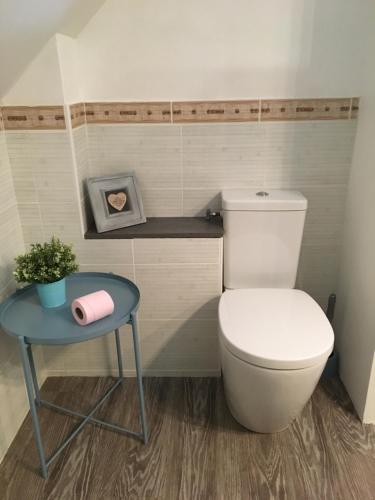 a bathroom with a toilet and a blue table at B&B Haras de la Cour Fleury in Saint-Michel-de-Livet