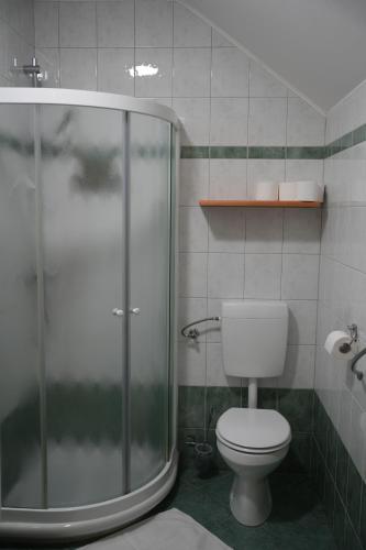 a bathroom with a toilet and a glass shower at Miškar Rooms in Cerknica