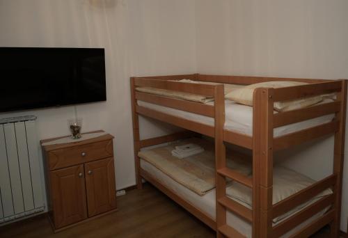 a bedroom with bunk beds and a flat screen tv at Miškar Rooms in Cerknica