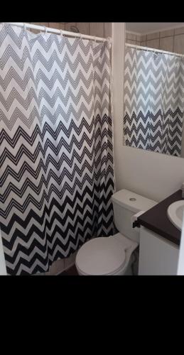 a bathroom with a toilet and a shower curtain at Depto 202 viracocha in Ovalle