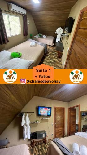 two pictures of a hotel room with two beds at Chalés do AVOHAY, lindo chalé com privativo ofurô aquecido,apenas 2 minutos da Vila de São Jorge in Sao Jorge