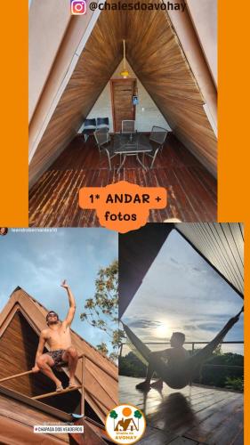 a collage of pictures of a man in a tent at Chalés do AVOHAY, lindo chalé com privativo ofurô aquecido,apenas 2 minutos da Vila de São Jorge in Sao Jorge