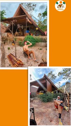 a collage of pictures of a man in front of a house at Chalés do AVOHAY, lindo chalé com privativo ofurô aquecido,apenas 2 minutos da Vila de São Jorge in Sao Jorge