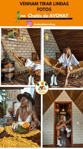 a collage of pictures of a woman sitting on a hammock at Chalés do AVOHAY, lindo chalé com privativo ofurô aquecido,apenas 2 minutos da Vila de São Jorge in Sao Jorge