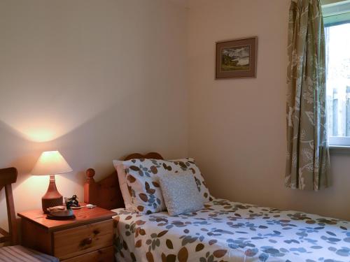a bedroom with a bed and a lamp and a window at Tigh A Vullin - S4628 in Ardfern