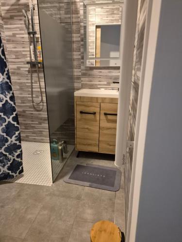 a bathroom with a shower and a sink and a mirror at Appartement avec terrasse in Vias