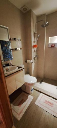 Un baño con lavabo, inodoro y ducha. en Appartement hory, en Martil