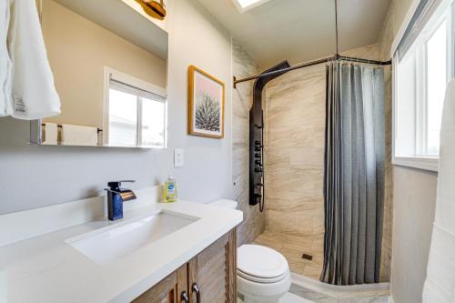a bathroom with a sink and a shower at 3 Mi to Dtwn Family Home with Garden and EV Charger in Yakima