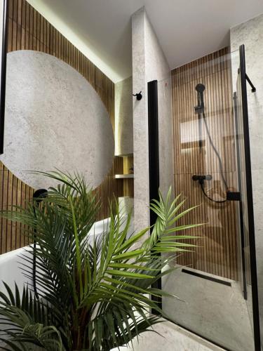 a bathroom with a shower and a plant at Family & Business Sauna Apartments Baltic Horizon No 1 PREMIUM SPA - 3 Bedroom with Private Sauna, Jacuzzi, Rooftop Gym & Panoramic Terrace, Balcony, Underground Garage in Gdańsk