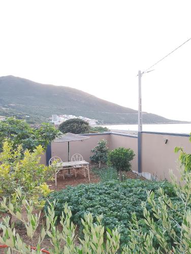 a view of a garden with a bench and a table at Appartement Wad Marsa in Taoutiet el Bioute