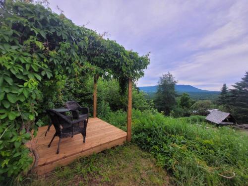 a wooden deck with a chair sitting on it at Gîte champêtre Chesham in Notre-Dame-Des-Bois