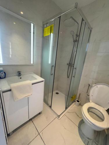 une salle de bain avec une douche, des toilettes et un lavabo dans l'établissement Royal appart city 1, à Calais