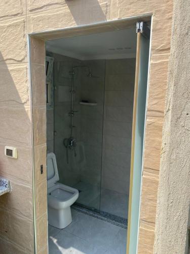 a small bathroom with a toilet and a shower at Pyramids Top Roof in Ghaţāţī
