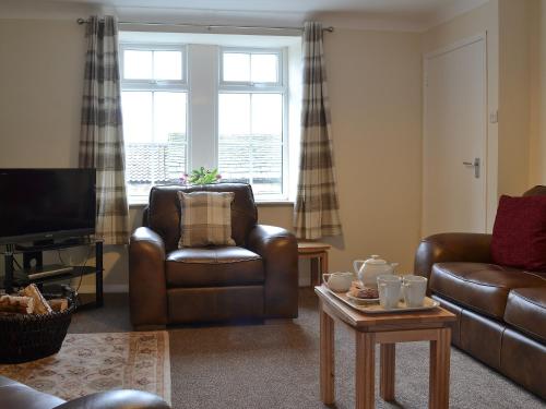 ein Wohnzimmer mit einem Ledersessel und einem TV in der Unterkunft Browney Cottage in Broadwood