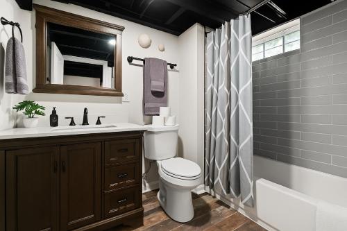 a bathroom with a toilet and a sink and a shower at New! Private Lakefront Retreat 3BR 2BA Game Room 