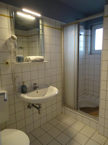 a bathroom with a sink and a shower at Fewo-Seemoewe in Friedrichskoog