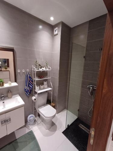 a bathroom with a toilet and a shower and a sink at Charmant studio familial mehdia plage in Kenitra
