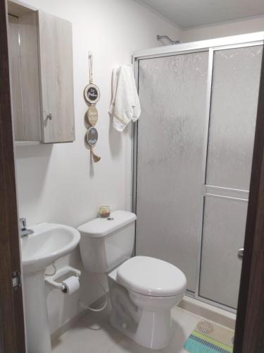 a white bathroom with a toilet and a shower at Cómodo Apartamento con parque acuático Acqua Hills-6 personas in Dosquebradas
