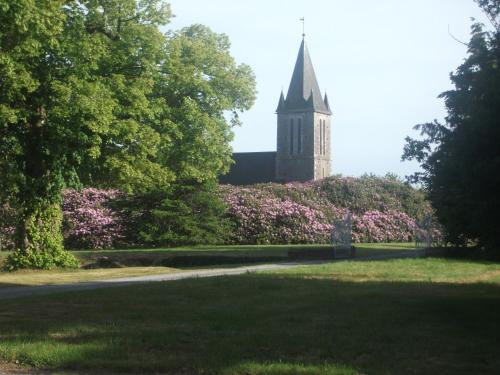 a church with a steeple in the distance with pink flowers at château de lamberville in Lamberville