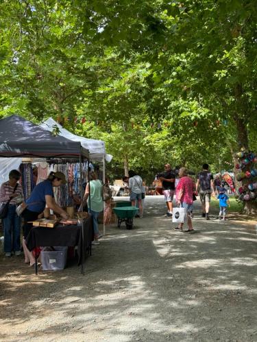 a group of people walking around an outdoor market at Bushy Retreat in Tawharanui