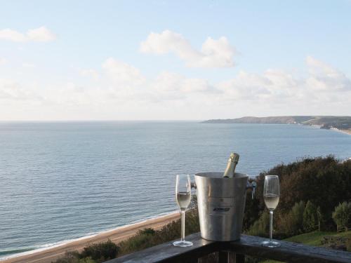 zwei Weingläser und einen Eimer mit einer Flasche Wein in der Unterkunft Seacliff Cottage in Strete