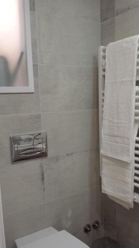 a bathroom with a toilet and towels on a wall at Charming Apartment I Historical Center in Lisbon
