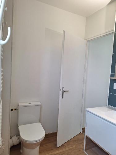 a white bathroom with a toilet and a door at L'Aubier in Saint-Maur