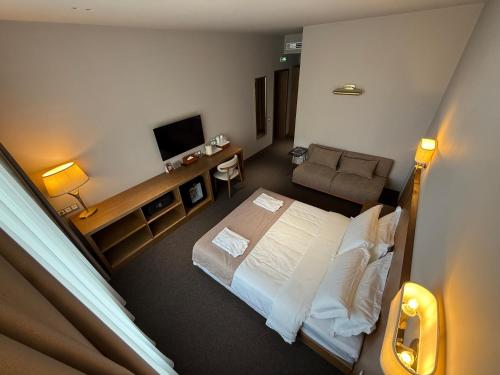 阿拉木图Primavera Hotel的配有床和电视的酒店房间